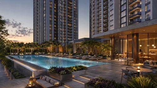 Prestige Park Street central pool deck at dusk between the towers