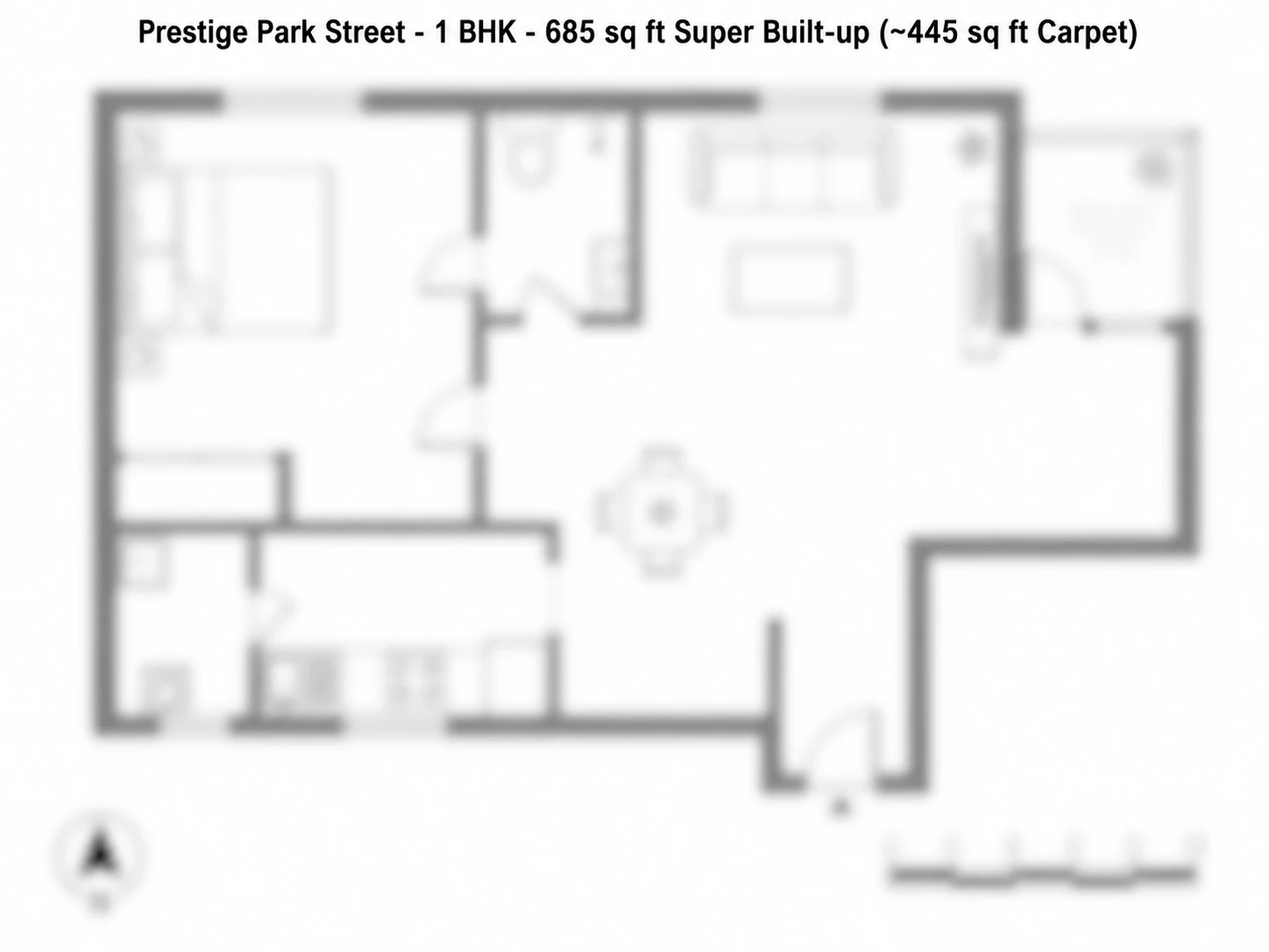 Prestige Park Street 1 BHK floor plan — 685 sq ft super built-up