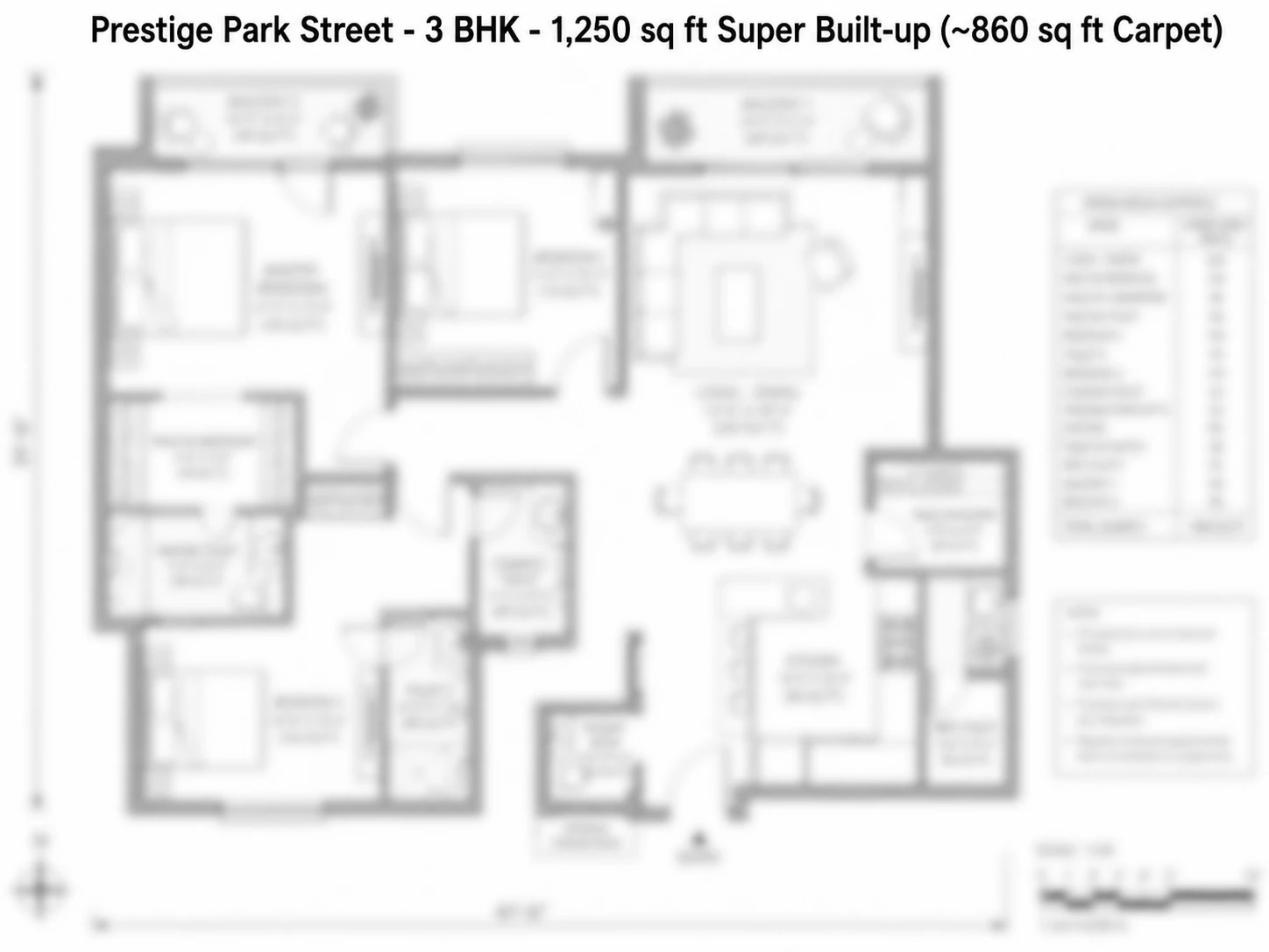Prestige Park Street 3 BHK floor plan — 1,250 sq ft super built-up