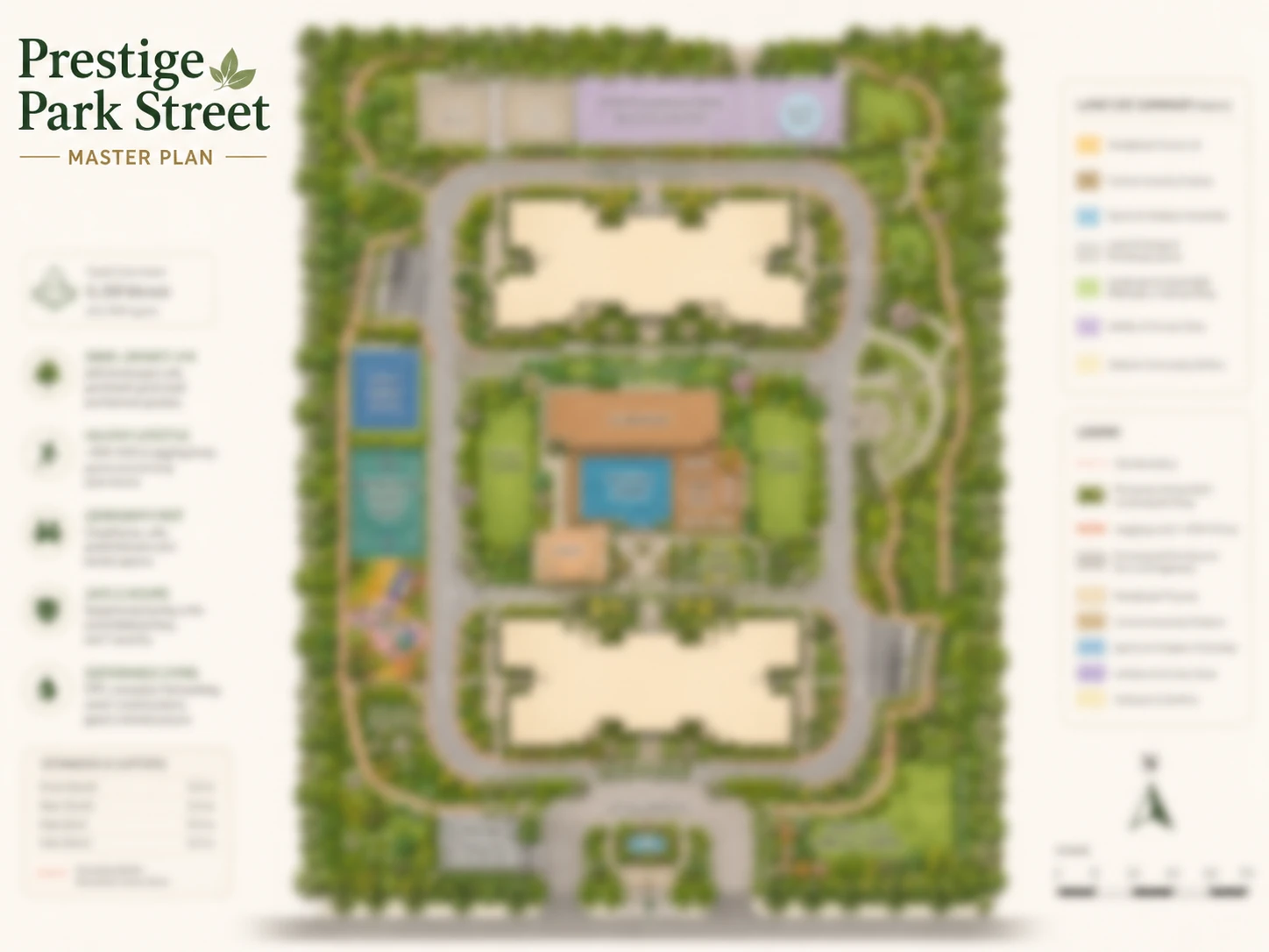 Prestige Park Street master plan illustrating the 5-acre layout, twin 2B+G+30 towers, central amenity podium, perimeter green belt and basement parking